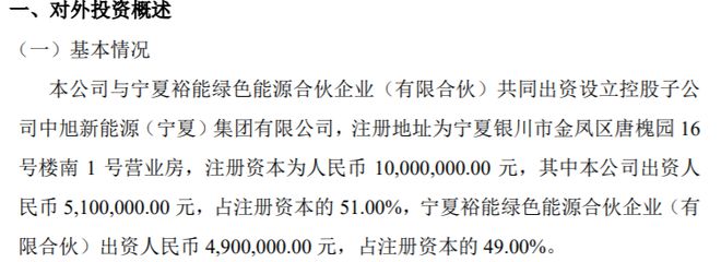 中旭石化与宁夏裕能绿色能源共同必威 betway必威出资1000万设立控股子公司 其中公司出资510万(图1)